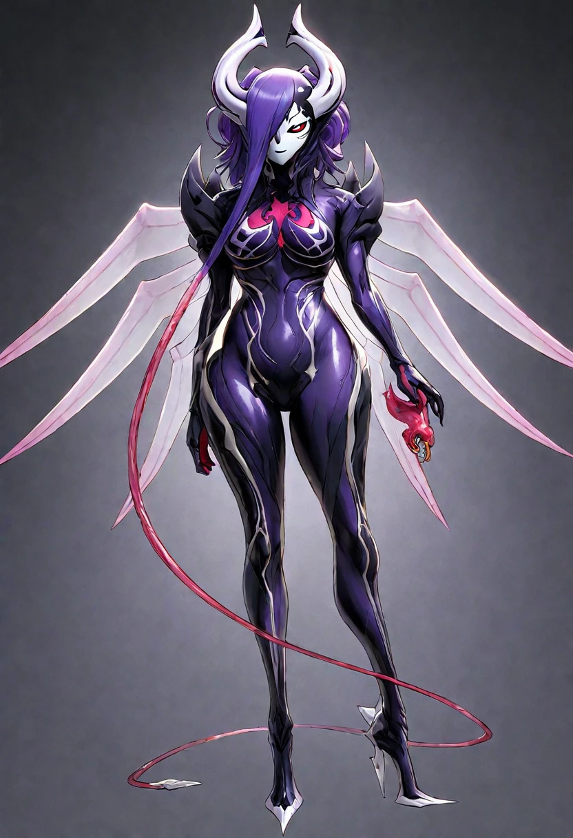 Full-body concept art, 1 woman,A figure fused with a dragon, witch blade motivism, evil fall, symbiote skin,  Blood vessels floating all over the body, full body suit, enemy woman, bio full skin suit, high image quality, real, high detail, 16K, purple gloves, renamon bodysuit, fortified suit, glossy, digimon, goddess, mature female, mistress, fox mask, masterpiece, more_details:-1, more_details:0, more_details:0.5, more_details:1, more_details:1.5