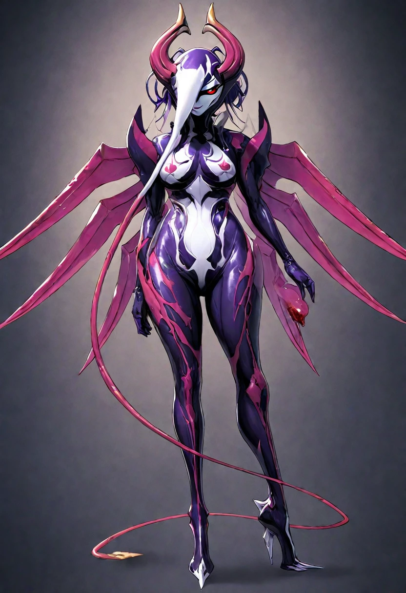 Full-body concept art, 1 woman,A figure fused with a dragon, witch blade motivism, evil fall, symbiote skin,  Blood vessels floating all over the body, full body suit, enemy woman, bio full skin suit, high image quality, real, high detail, 16K, purple gloves, renamon bodysuit, fortified suit, glossy, digimon, goddess, mature female, mistress, fox mask, masterpiece, more_details:-1, more_details:0, more_details:0.5, more_details:1, more_details:1.5