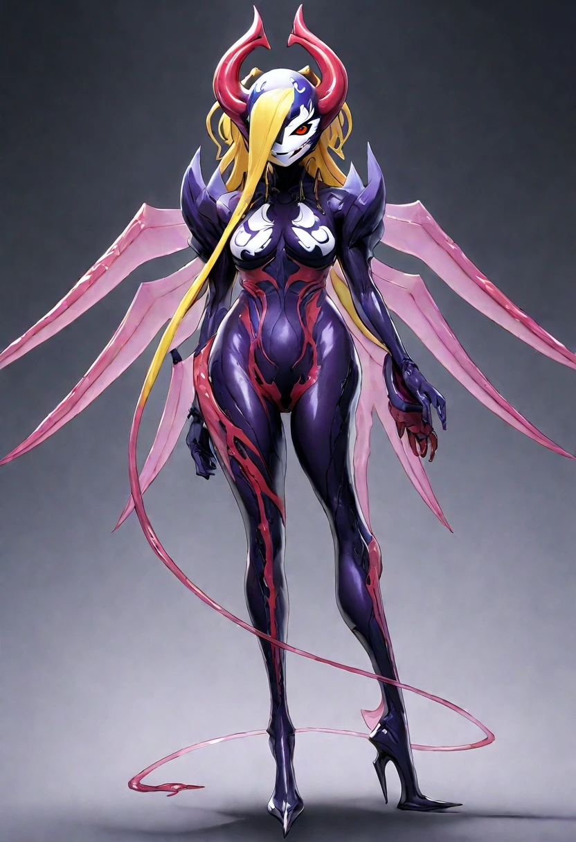 Full-body concept art, 1 woman,A figure fused with a dragon, witch blade motivism, evil fall, symbiote skin,  Blood vessels floating all over the body, full body suit, enemy woman, bio full skin suit, high image quality, real, high detail, 16K, purple gloves, renamon bodysuit, fortified suit, glossy, digimon, goddess, mature female, mistress, fox mask, masterpiece, more_details:-1, more_details:0, more_details:0.5, more_details:1, more_details:1.5