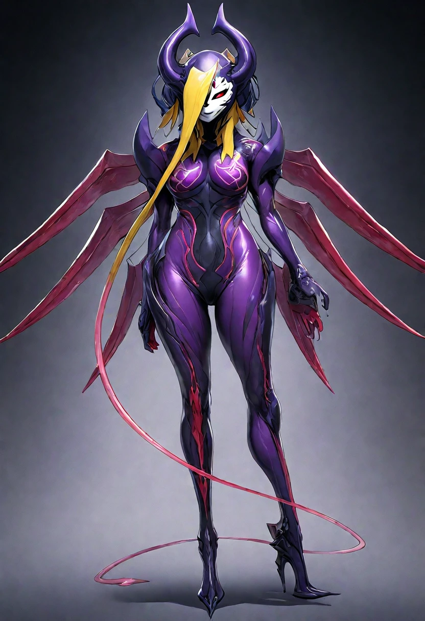 Full-body concept art, 1 woman,A figure fused with a dragon, witch blade motivism, evil fall, symbiote skin,  Blood vessels floating all over the body, full body suit, enemy woman, bio full skin suit, high image quality, real, high detail, 16K, purple gloves, renamon bodysuit, fortified suit, glossy, digimon, goddess, mature female, mistress, fox mask, masterpiece, more_details:-1, more_details:0, more_details:0.5, more_details:1, more_details:1.5