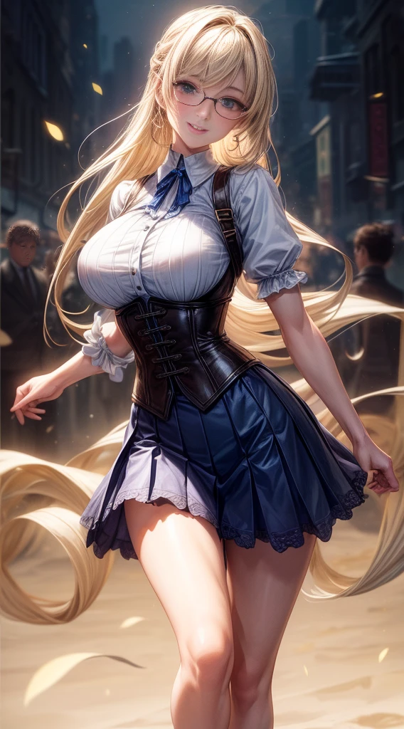 8k, Mesa, photo and gross, Best Quality, photorealistic, Highly detailed CG Unity 8k wallpaper, Depth of fields, cinematic light, Lens flare, ray tracing, (extremely beautiful face, beautiful lips, pretty eyes), face with intricate details, ((Ultra detailed skin)) 1 girl en, in the dark, deep shadow, Pretty Korean girl, kpop idol, 1 girl, (very thin and slender fit muscular body:1.3), ((looking at the viewer)),(big smile:1.3), (blurred background),(There are no people in the background:1.3), beautiful earrings, wifes, light eyes, walking, (pale skin), (large eyes), Look forward, (golden bristles), (full body shot), , ((Blue High Waist Skirt)), , (looking at the viewer:1.3) open chest, very thin, big breasts, ass strength, Before eyebrows, thick thighs((White shirt:1.3)), (crossed,under bust:1.2), short sleeves, button gap,frameless glasses,corset belt, Beautiful hair,a blonde,
