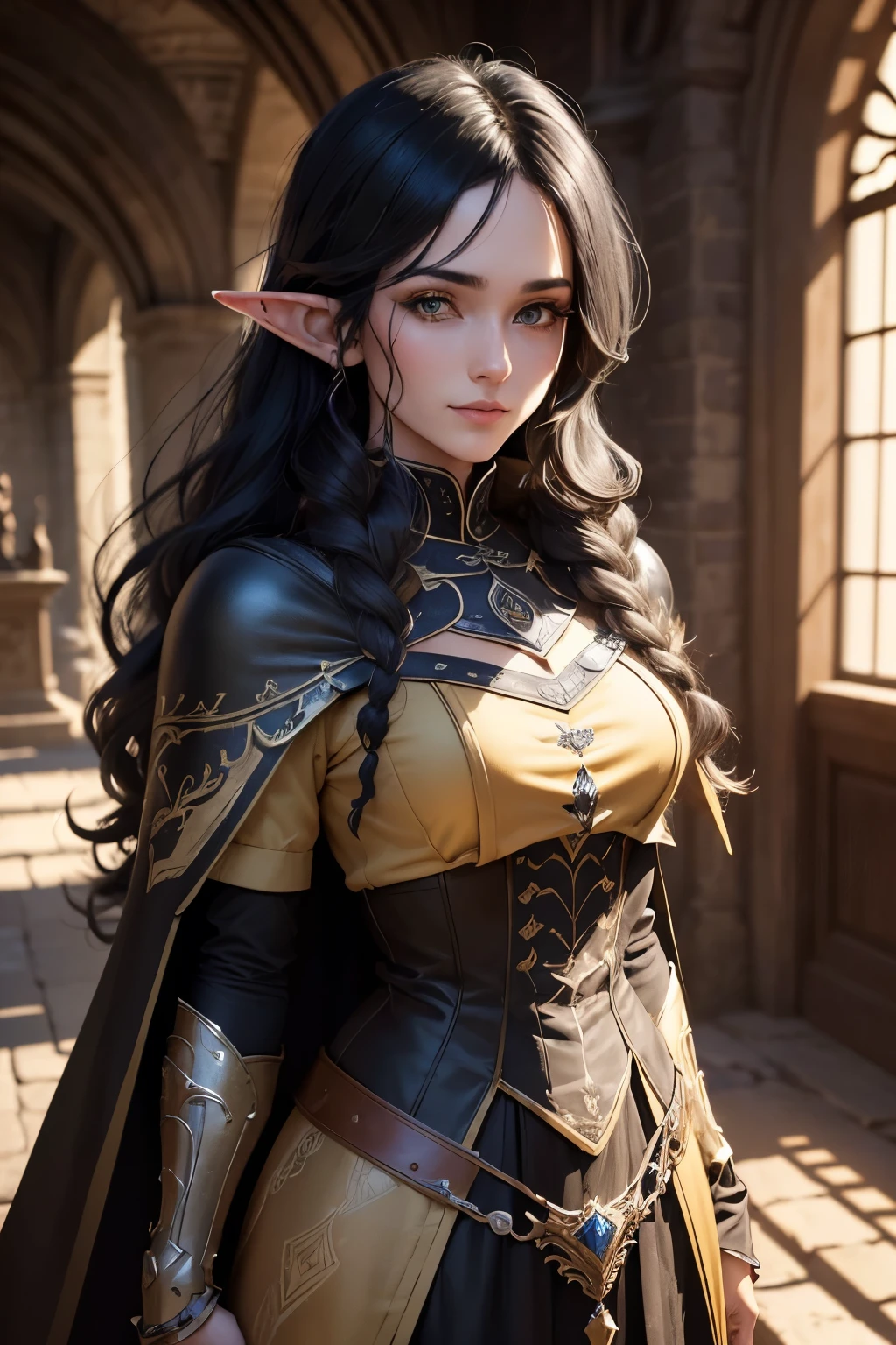 ((best quality)), ((masterpiece)), (detailed), Prize-winning works, with incredible details, maximum textures and details, uhd ,8K,super resolution ,depth of field, retina, masterpiece, anatomically correct, textured skin, super detail, high details, highres ,1 Medieval Fantasy RPG Female Elf Adventurer,hair in the wind,very long light black hair wavy braid ,((yellow black hair,)),shy smile,similar to the work of JRR Tolkien,black long cape ,lightweight armour,fully body, hyper-detailed piercing eyes , (25 year old young man :1.1,detailedeyes, face detailed, whole body:1.1,the background is a magnificent castle  ),(best qualityer:1.2,ultra detali:1.1,realisitic:1.37) ,eyeshadows,sharp focus,swirly vibrant colors,)