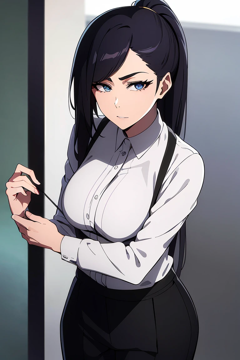 A high resolution, ultra detailed, HDR, masterpiece, very detailed face and eyes, confident expression, young woman, business style, trousers, blouse, long wheat hair, pulled back into a ponytail, 18 years, Squint, adult face, creative hairstyle, beautiful makeup with arrows, anime style tokyo avengers