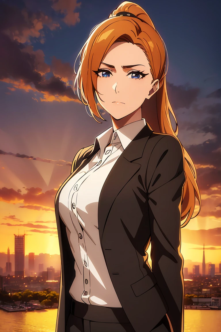 A high resolution, ultra detailed, HDR, masterpiece, very detailed face and eyes, confident expression, young woman, business style, trousers, blouse, long wheat hair, pulled back into a ponytail, 18 years, Squint, adult face, creative hairstyle, beautiful makeup with arrows, anime style tokyo avengers