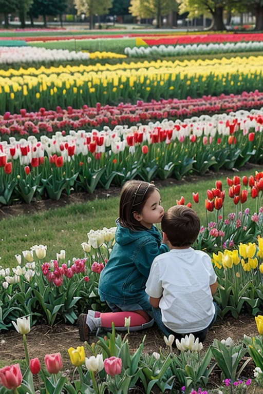 A huge beautiful meadow with growing tulips of different bright colors and a little boy and girl, admiring the tulips