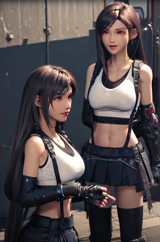 (​masterpiece), (top-quality), 8K resolution, Ultra-detail, Ultra-detail, realisitic, a picture, photorealisim, (1girl), Tifa, Final Fantasy, tifa lockhart, rays of sunshine, cinematic, Cool Pose, concrete wall,metal pipes,Details red eyes,Detailed double eyelids,Short Hair Dark Brown Color,slender figure,Model body type,bustＢcups nude and naked  lady Jack-o pose