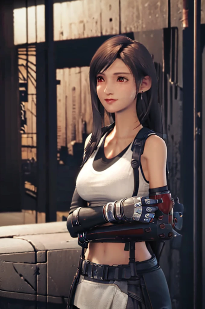 (​masterpiece), (top-quality), 8K resolution, Ultra-detail, Ultra-detail, realisitic, a picture, photorealisim, (1girl), Tifa, Final Fantasy, tifa lockhart, rays of sunshine, cinematic, Cool Pose, concrete wall,metal pipes,Details red eyes,Detailed double eyelids,Short Hair Dark Brown Color,slender figure,Model body type,bustＢcups nude and naked  lady Jack-o pose