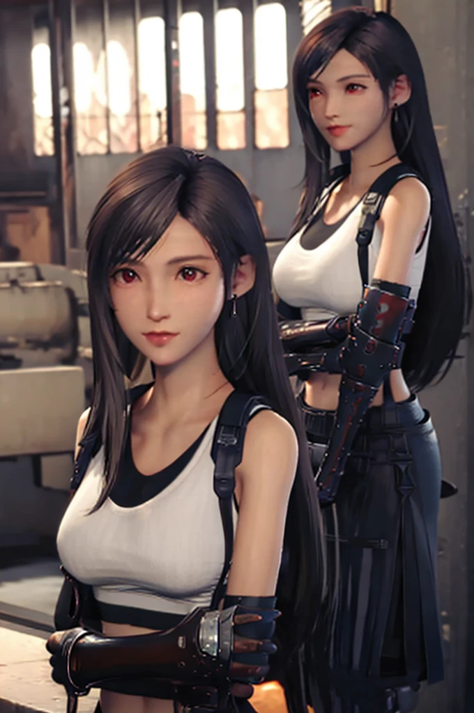 (​masterpiece), (top-quality), 8K resolution, Ultra-detail, Ultra-detail, realisitic, a picture, photorealisim, (1girl), Tifa, Final Fantasy, tifa lockhart, rays of sunshine, cinematic, Cool Pose, concrete wall,metal pipes,Details red eyes,Detailed double eyelids,Short Hair Dark Brown Color,slender figure,Model body type,bustＢcups nude and naked  lady Jack-o pose