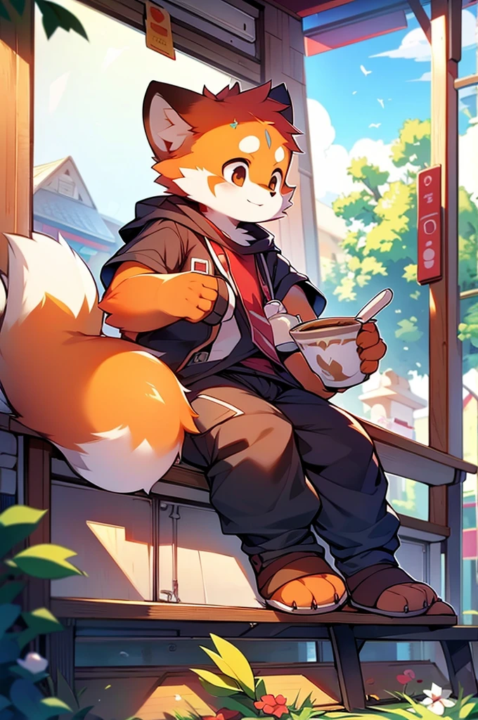 Male Red Panda,  Cool clothes！ Sitting,fly in the sky，Cafe