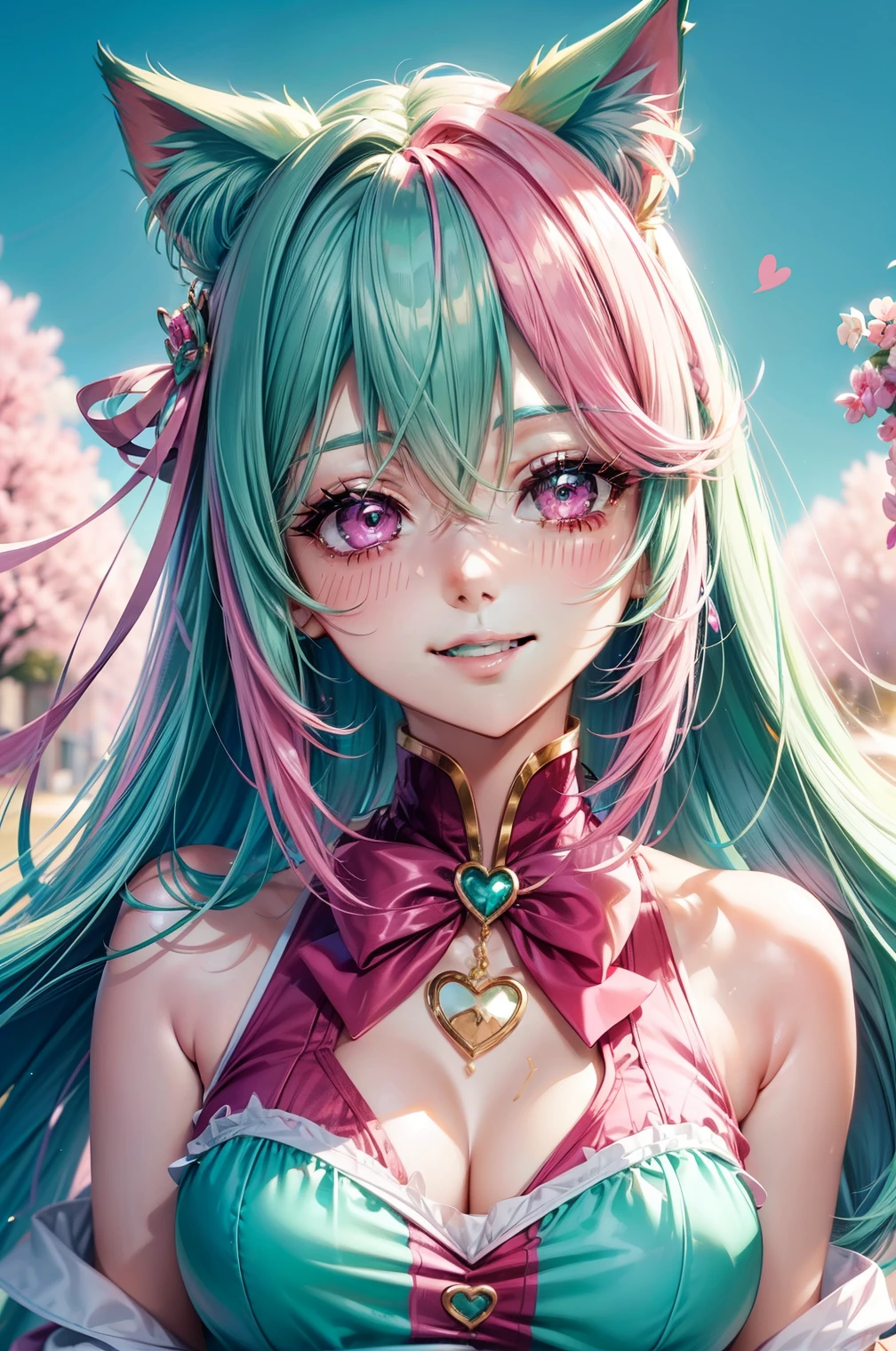 ((Pink green hair color)), pink eyes, woman, teal blue gold clothes,happy face, sexy outfit, cat ears, hearts, floating hearts, face only, long hair, smiling, hair ornament, up close face, sexy clothes, sexy women , closed mouth smile, up close face