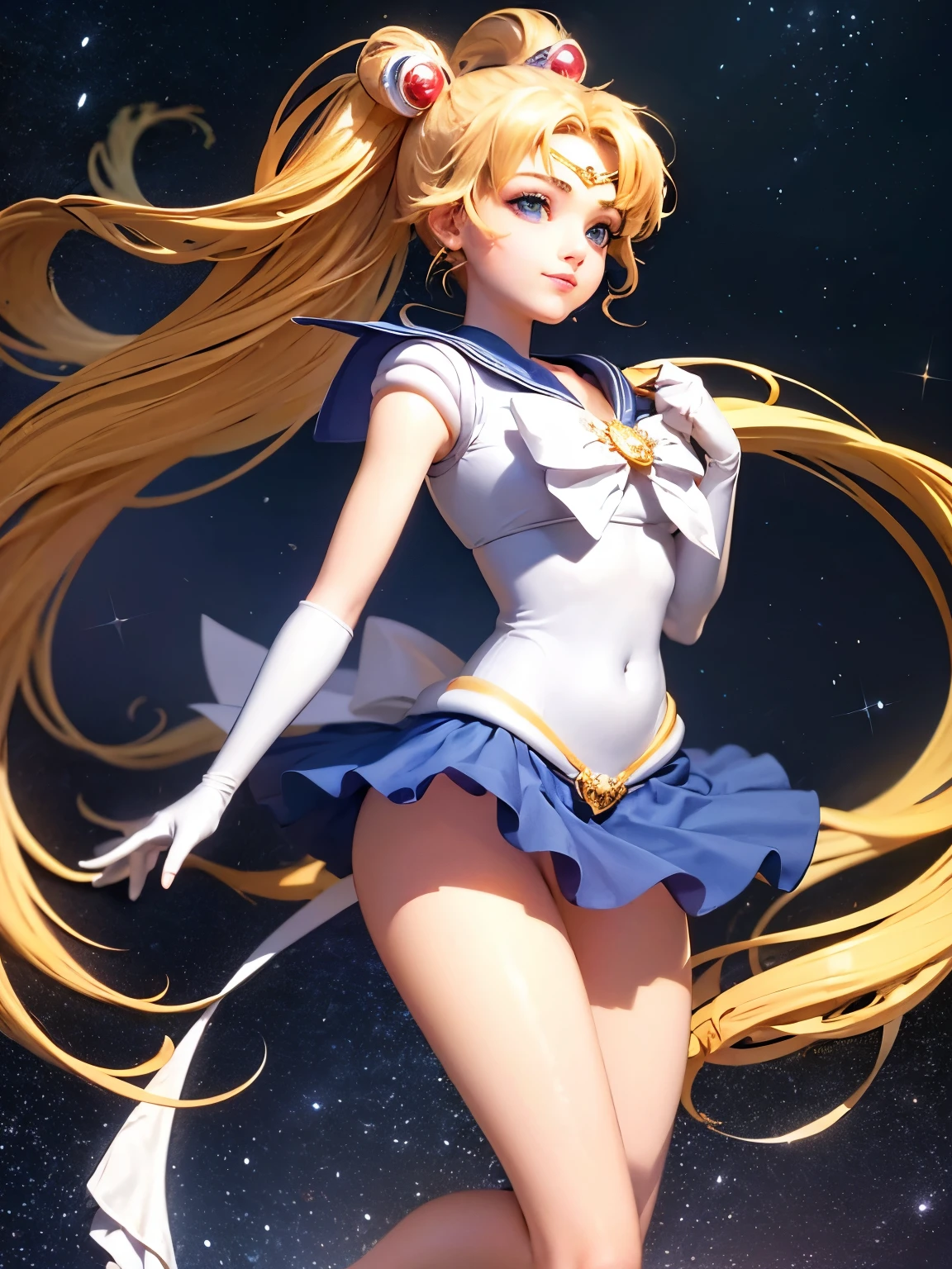 ((masterpiece)), (best quality), official art, very delicate and beautiful, highly detailed CG, Unity 8k wallpaper, super detailed, beautiful fine details, highly detailed face, smiling face, one girl, Sailor Moon, full body, sailor suit, mini skirt, night sky, detailed face, shiny skin, night sky, moonlight, moon, white gloves, magical girl, fly ring