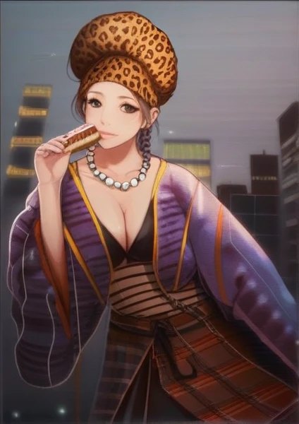 adult curvy women, cake, gyaru, fur hat, tree, detached sleeves, white sweater, hair bun, medium hair, striped shirt, headphones, multiple girls, leopard print, hair behind ear