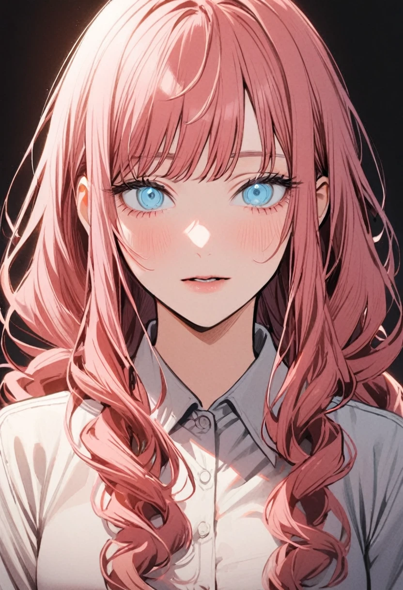 1 girl in chainsaw man style, long wavy hair, light pink hair, hair with blue tips, light blue eyes,((makima's eyes)),white blouse with a black tie,(big boobies), Black Skirt, pink shoe,stretching with hands up,Grinning,(dentes pontudos),White background