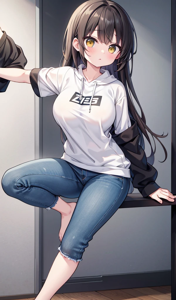 1older sister、Dark brown straight hair、Golden Eyes、のolder sister、Sharp Eyes、Grey and white hoodie jumper、Grey Jeans、Black sneakers、Have acrobatic movements、Under her jersey she wears a white T-shirt that reveals her very large breasts.、ボン・キュッ・ボンの身体突きをしたolder sister、The body is slightly twisted.、Injecting green liquid into his chest、My breasts are getting bigger and bigger with the injections.、older sisterが自分の胸に注射器を刺して胸を膨張している