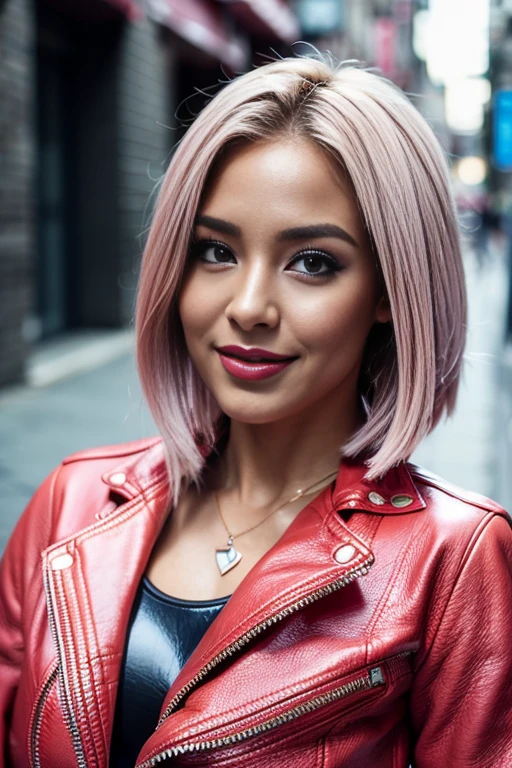 (masutepiece, Best Quality), ultra-detailliert, Photorealsitic, a short pink hair, beautiful female model, ((Coordinating sexy leather jackets)), leather pant, open-shirt, high-heels, a necklace, Ring Accessories, short Hair, Perfect face, Beautiful face, enticing, big gorgeous eyes, blue eyess, heavy make up, red-lips, seducting smile, Glamorous body, Voluptuous body, Big ass, down town, suggestive pose