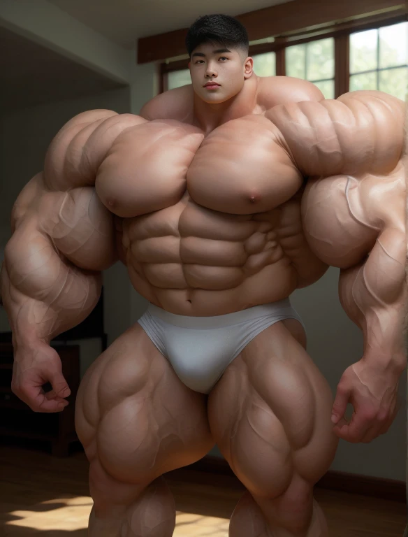 1 asian boy, giant, alone, giant bodybuilder, illuminating light, strong body, bulk, large size, staring, standing, hands on hip, in white photo studio, indoor, nude, white triangular underwear, thick bulge, extraordinary big, brutalmass, giant muscular body, bulk, buff, massive body, large meaty body size, extremely wide body