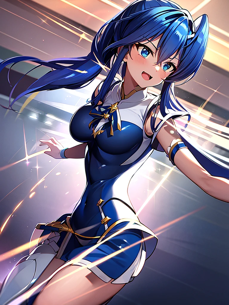 ,aikatsu,1 girls,in senki zesshou symphogear style , Blue long hair,Side Pony tail,Blue and White battle suit,BREAK,ultra-definition, high resolution, ultra-detail CG,caustics, Live stage, in front of super large vision, singing, stand microphone ,