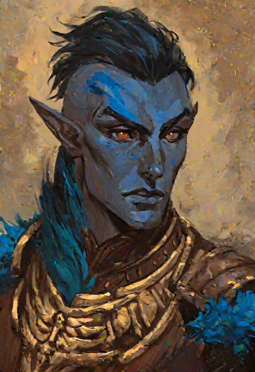 digitalpainting, pictorial \(styled\), Dunmer masculino da série Elder Scrolls, trunk, portraite, short dark hair, gold eyes, blue fur, brown leather armor, without shoulder pad, Dynamic shading, expressive brushstrokes, oil on canvas, extremely detaild, light and dark colors, 