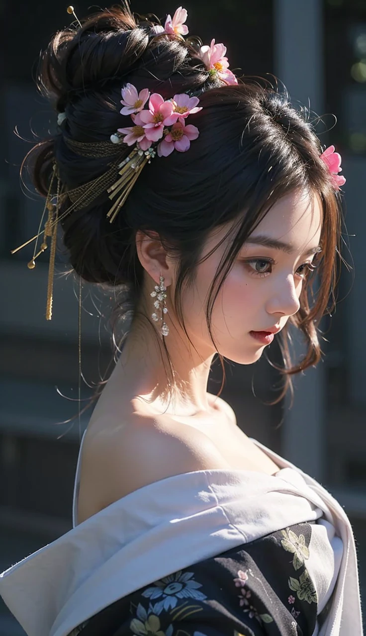 Beautiful Japanese waifu, brunette hair, flowery head decorations, traditional yukata