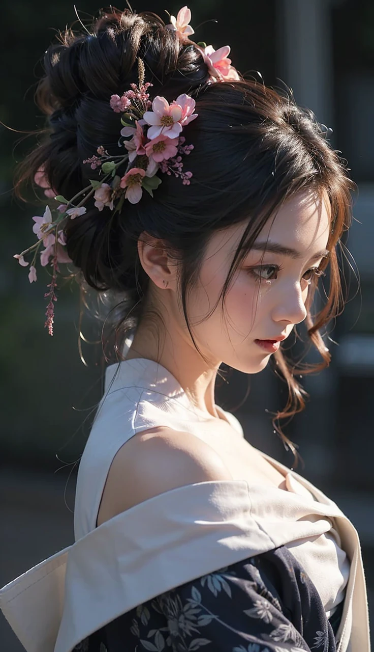 Beautiful Japanese waifu, brunette hair, flowery head decorations, traditional yukata