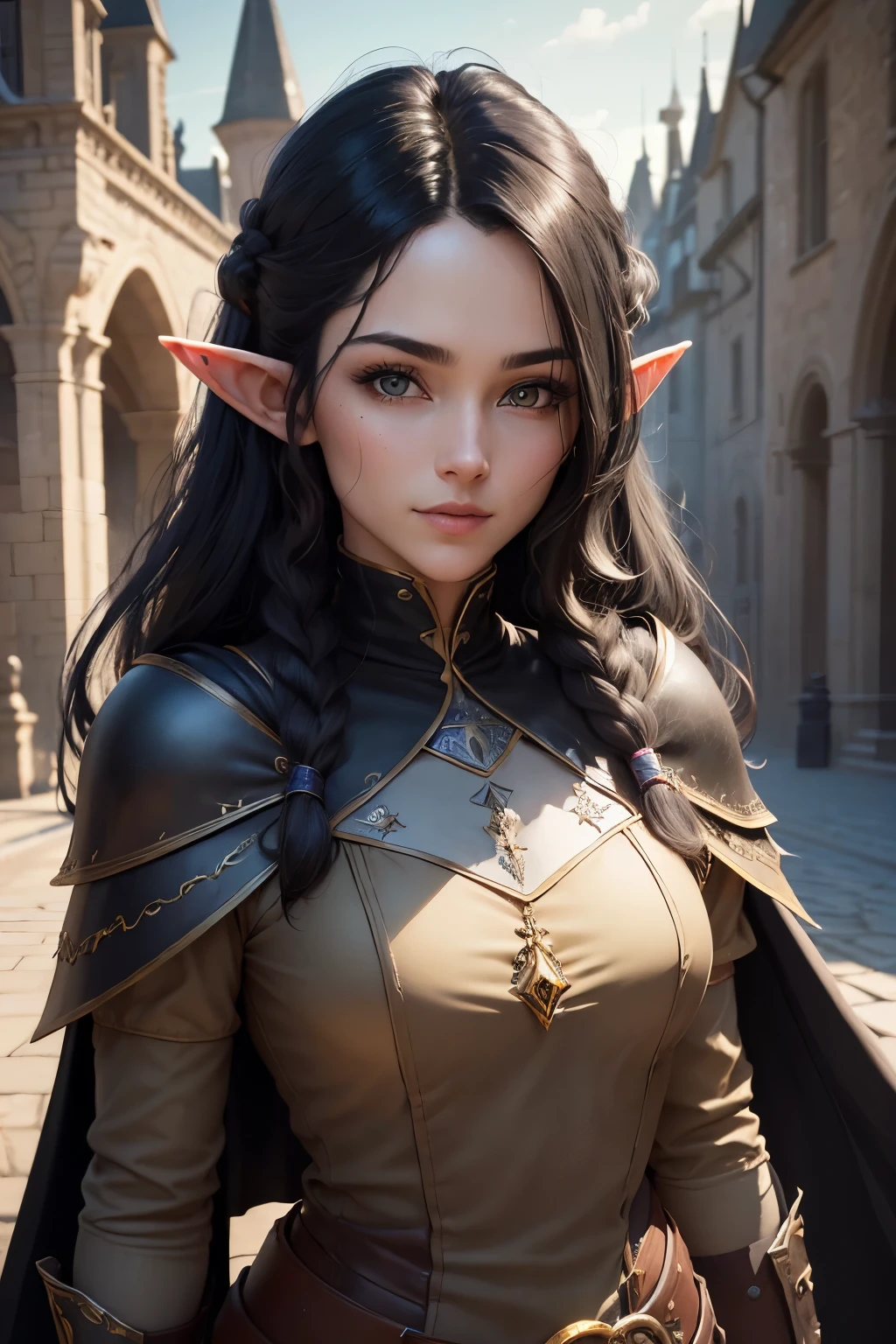((best quality)), ((masterpiece)), (detailed), Prize-winning works, with incredible details, maximum textures and details, uhd ,8K,super resolution ,depth of field, retina, masterpiece, anatomically correct, textured skin, super detail, high details, highres ,1 Medieval Fantasy RPG Female Elf Adventurer,hair in the wind,very long light black hair wavy braid ,((yellow black hair,)),shy smile,similar to the work of JRR Tolkien,black long cape ,lightweight armour,fully body, hyper-detailed piercing eyes , (25 year old young man :1.1,detailedeyes, face detailed, whole body:1.1,the background is a magnificent castle ),(best qualityer:1.2,ultra detali:1.1,realisitic:1.37) ,eyeshadows,sharp focus,swirly vibrant colors,)