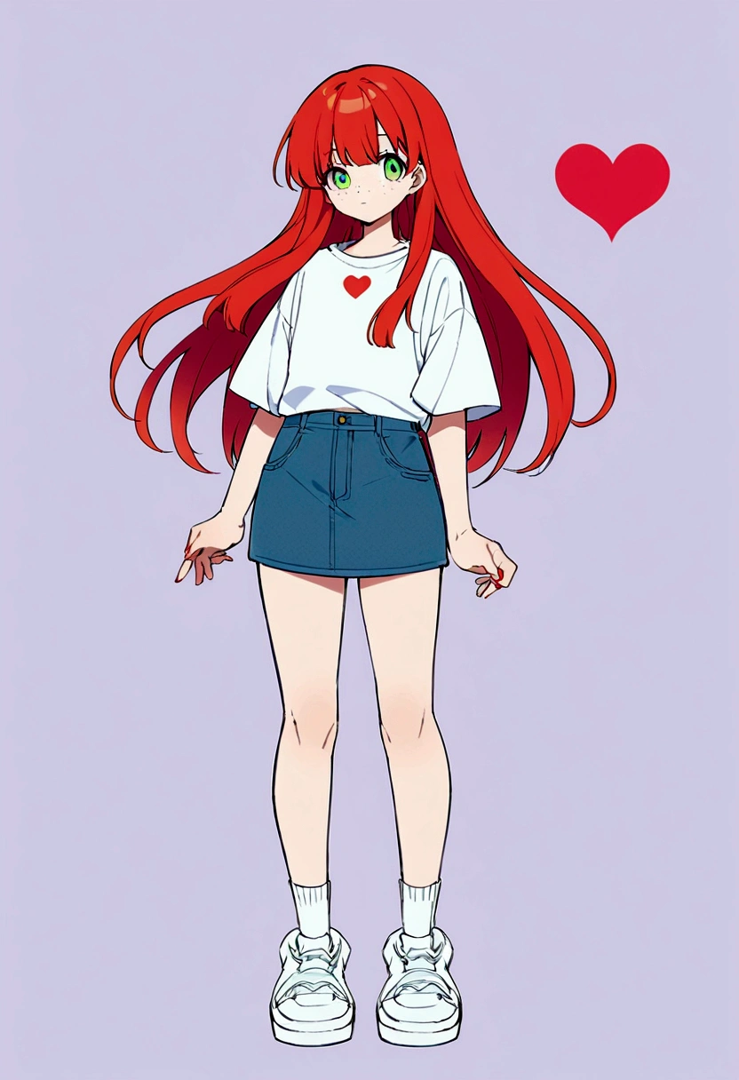anime character, whole body, redhead girl with freckles and medium long straight hair, green eyes. White top with a big red heart. Very short blue denim skirt, white sneakers. 17 years. pastel background.