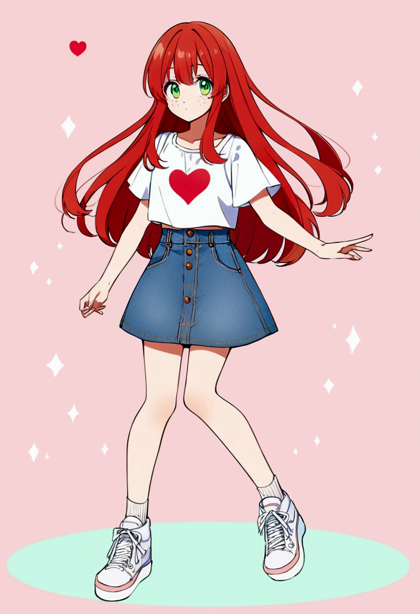 anime character, whole body, redhead girl with freckles and medium long straight hair, green eyes. White top with a big red heart. Very short blue denim skirt, white sneakers. 17 years. pastel background.