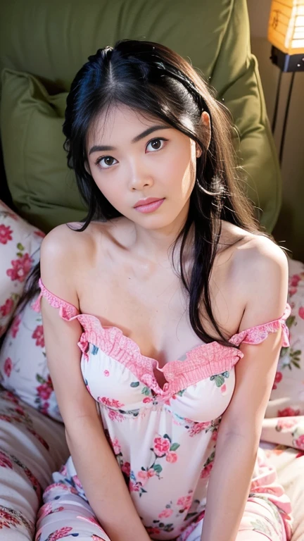1girl, extremely cute face, Amazing face and eyes, (highly detailed eyes, highly detailed face), Fresh, very clean appearance, (hyper-realistic, hight resolution), (best Quality:1.4), Raw photo, (Realistic, Photorealsitic:1.37), Professional Photography, Cinematic Light, (floral pattern nightgown:1.25), (medium breasts:1.1), (open nightgown), (bare shoulders), Smile slightly, (Lying face up in the futon:1.5), (staring at me), Bedroom, futon, pillow, floral patterned screens, relaxing, lantern light,