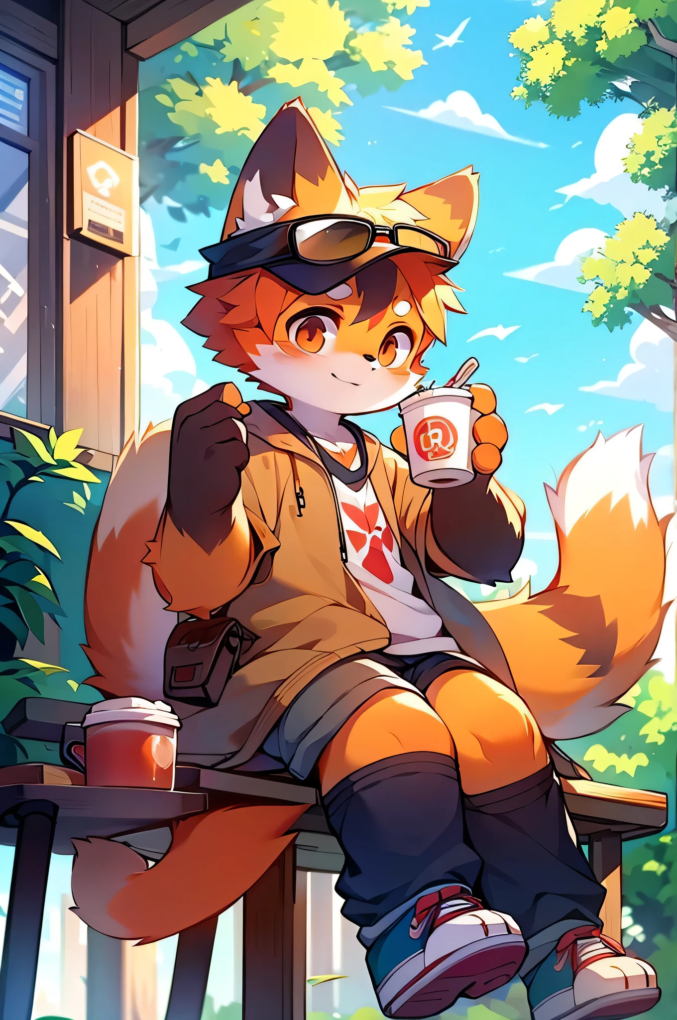 Male Red Panda, Cool clothes! Sitting,fly in the sky,Cafe