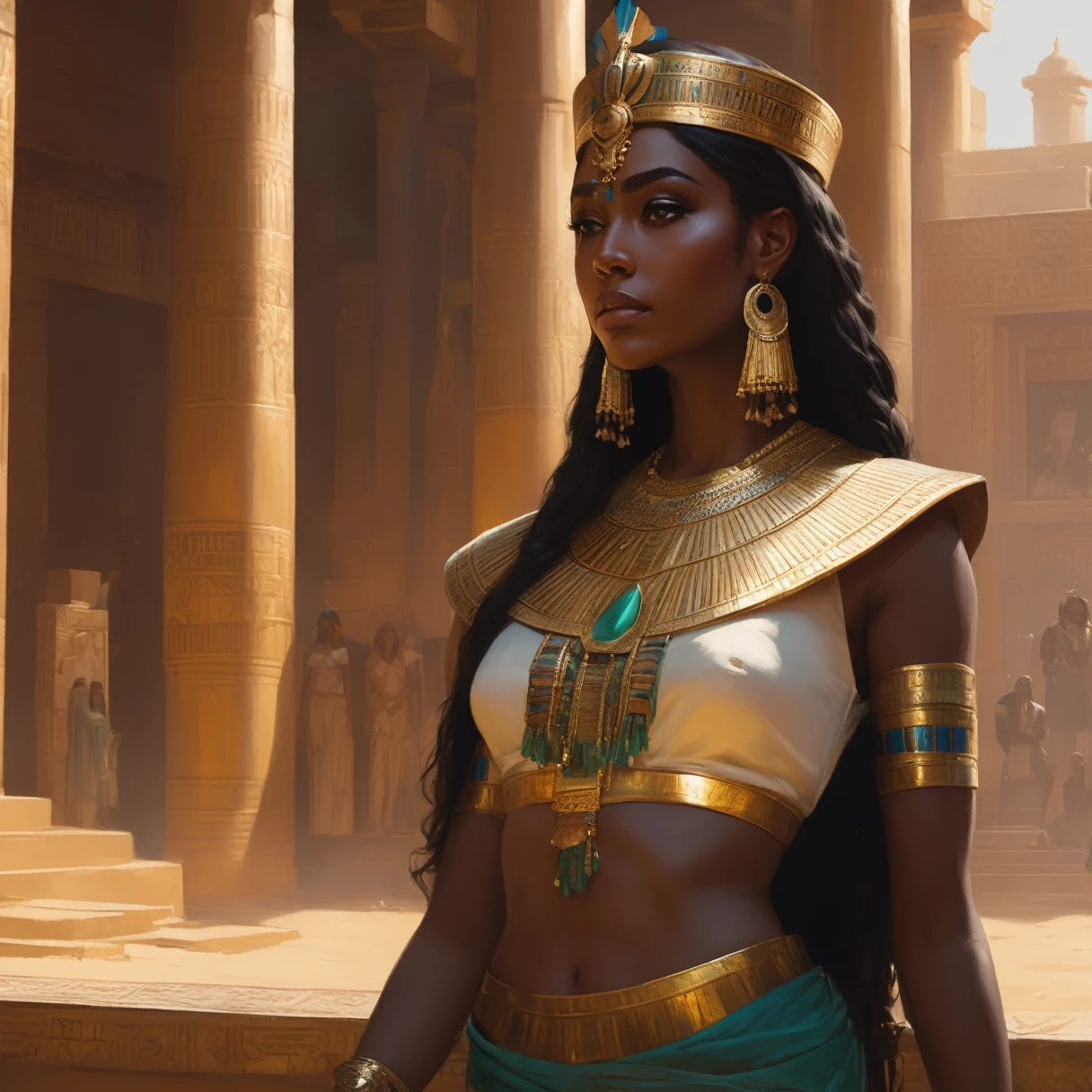 modelshoot style, (extremely detailed CG unity 8k wallpaper), full shot body photo of the most beautiful artwork in the world, egyptian priestess, green vale, dark skin, dark skin, golden crown, diamonds, medieval architecture, professional majestic oil painting by Ed Blinkey, Atey Ghailan, Studio Ghibli, by Jeremy Mann, Greg Manchess, Antonio Moro, trending on ArtStation, trending on CGSociety, Intricate, High Detail, Sharp focus, dramatic, photorealistic painting art by midjourney and greg rutkowski