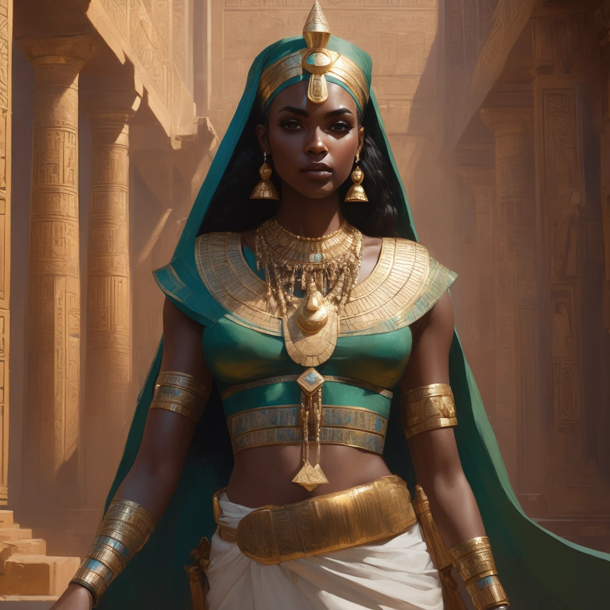 modelshoot style, (extremely detailed CG unity 8k wallpaper), full shot body photo of the most beautiful artwork in the world, egyptian priestess, green vale, dark skin, dark skin, golden crown, diamonds, medieval architecture, professional majestic oil painting by Ed Blinkey, Atey Ghailan, Studio Ghibli, by Jeremy Mann, Greg Manchess, Antonio Moro, trending on ArtStation, trending on CGSociety, Intricate, High Detail, Sharp focus, dramatic, photorealistic painting art by midjourney and greg rutkowski