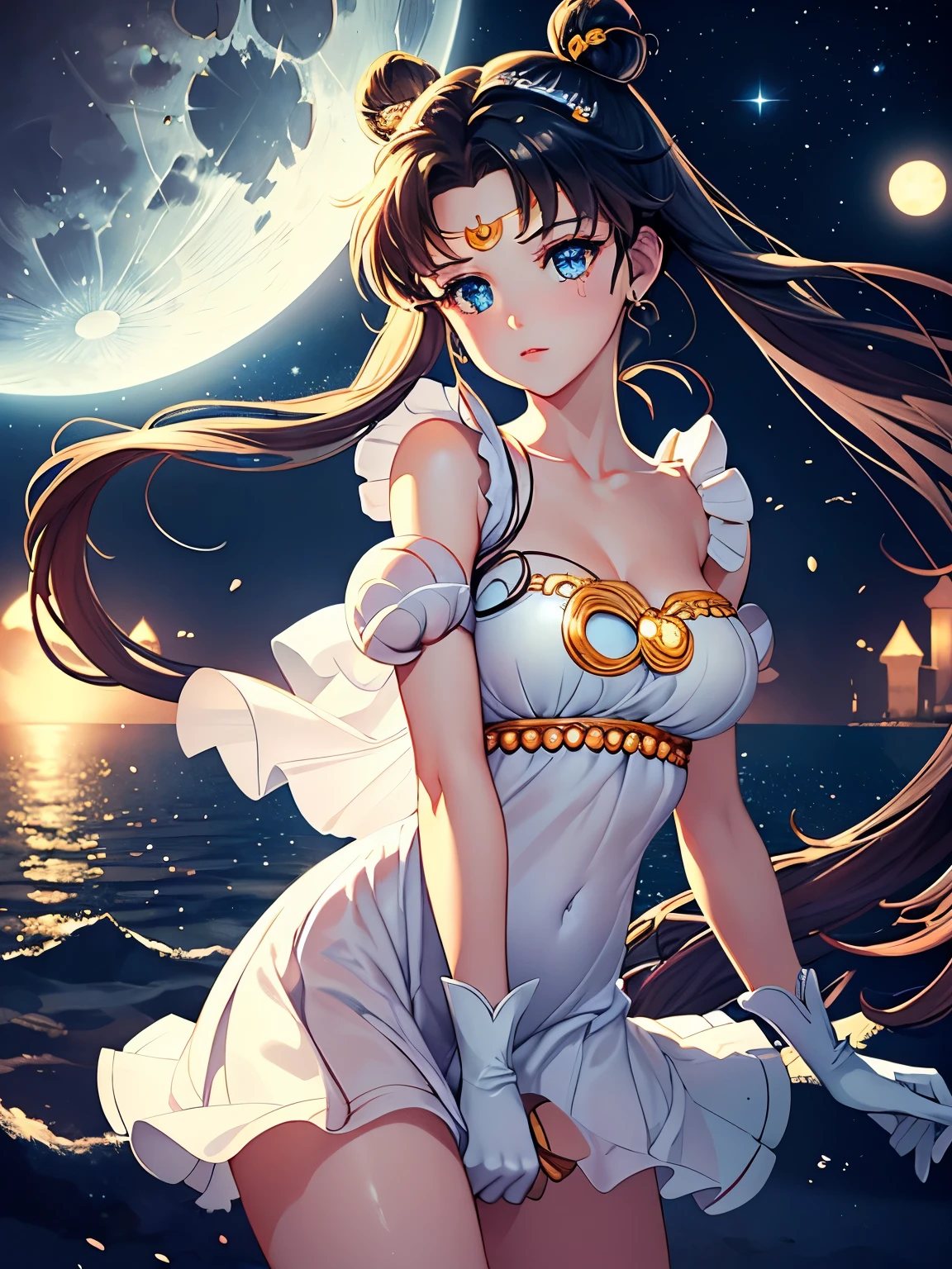 ((masterpiece)), (best quality), official art, very delicate and beautiful, highly detailed CG, Unity 8k wallpaper, super detailed, beautiful fine details, highly detailed face, one girl, Sailor Moon, full body, sailor suit, mini skirt, night sky, detailed face, shiny skin, night sky, moonlight, moon, white gloves, magical girl, fly ring