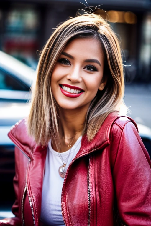 (masutepiece, Best Quality), ultra-detailliert, Photorealsitic, a short pink hair, beautiful female model, ((Coordinating sexy leather jackets)), leather pant, open-shirt, high-heels, a necklace, Ring Accessories, short Hair, Perfect face, Beautiful face, enticing, big gorgeous eyes, blue eyess, heavy make up, red-lips, seducting smile, Glamorous body, Voluptuous body, Big ass, down town, suggestive pose