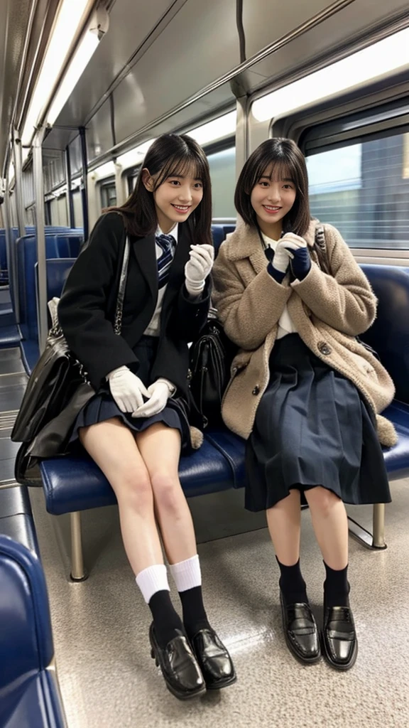 A photo of two adult Japanese high school students wearing leather shoes, duffle coats, and shiny thin black leather gloves.,Inside the train,Voyeur,Thick makeup face,Highly detailed face, Show your gloved palm to the photographer,Both of them have beautiful legs crossed.,The girl is looking at the photographer with an inviting expression..Smelly socks, ,Ultra mini skirt,lol,School Bags,This photo was taken in daylight with soft lighting...、The girls are sitting on train seats.。. This photo was taken by someone on their cell phone...、Apparently it was posted on Snapchat..。. 