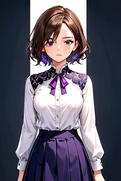 woman with medium brown hair, purple highlights, one eye brown and the other white, she has a serious expression.She wears a long-sleeved blouse fitted to her body with a dark blue skirt
