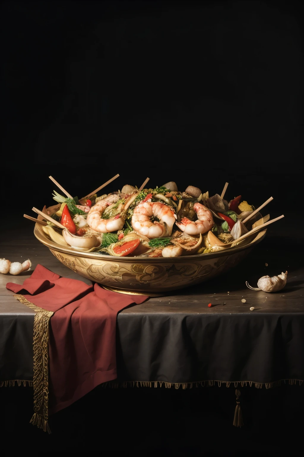 A baroque still life containing a bowl of noodles in the center surrounded by chicken, shrimp and rhea and chili peppers on a table and a dark background