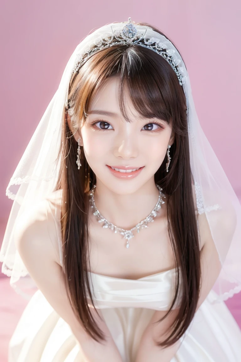 (Highest quality、Tabletop、8K、Best image quality、Award-winning works)、One beautiful bride、(alone:1.1)、(The most extravagant and gorgeous huge pure white wedding dress:1.1)、(Perfect Wedding Lace:1.2)、(The most gorgeous and luxurious giant tiara:1.1)、(The most extravagant and luxurious giant necklace:1.1)、あなたの最高の笑顔で私をplease look、The finest jewellery decoration、Perfect Makeup、Long eyelashes、Ultra HD Shining Eyes、Ultra HD Hair、Ultra-high resolution glossy lips、Ultra High Resolution Perfect Teeth、Super high resolution beautiful face、(Accurate anatomy:1.1)、Very bright and beautiful skin、very bright and vivid、Perfect beautiful bridal hairstyles、(Front facing body:1.1)、(Solid pink background:1.2)、Cleavage、nude、(The 肖像画 was taken from above the lying body: 1.3)、(( M-shaped legs spread, please look )))), (Show me your legs spread wide: 1.5), Real nipples, real open, (女性のマンコ汁がカメラにsquirtしている:1.2), Beautiful 20 year old Japanese girl, Stimulating the clitoris, masturbating and fingering, orgasm, Detailed facial features,(Front view), (squirt from pussy:1.2), (squirt:1.2)