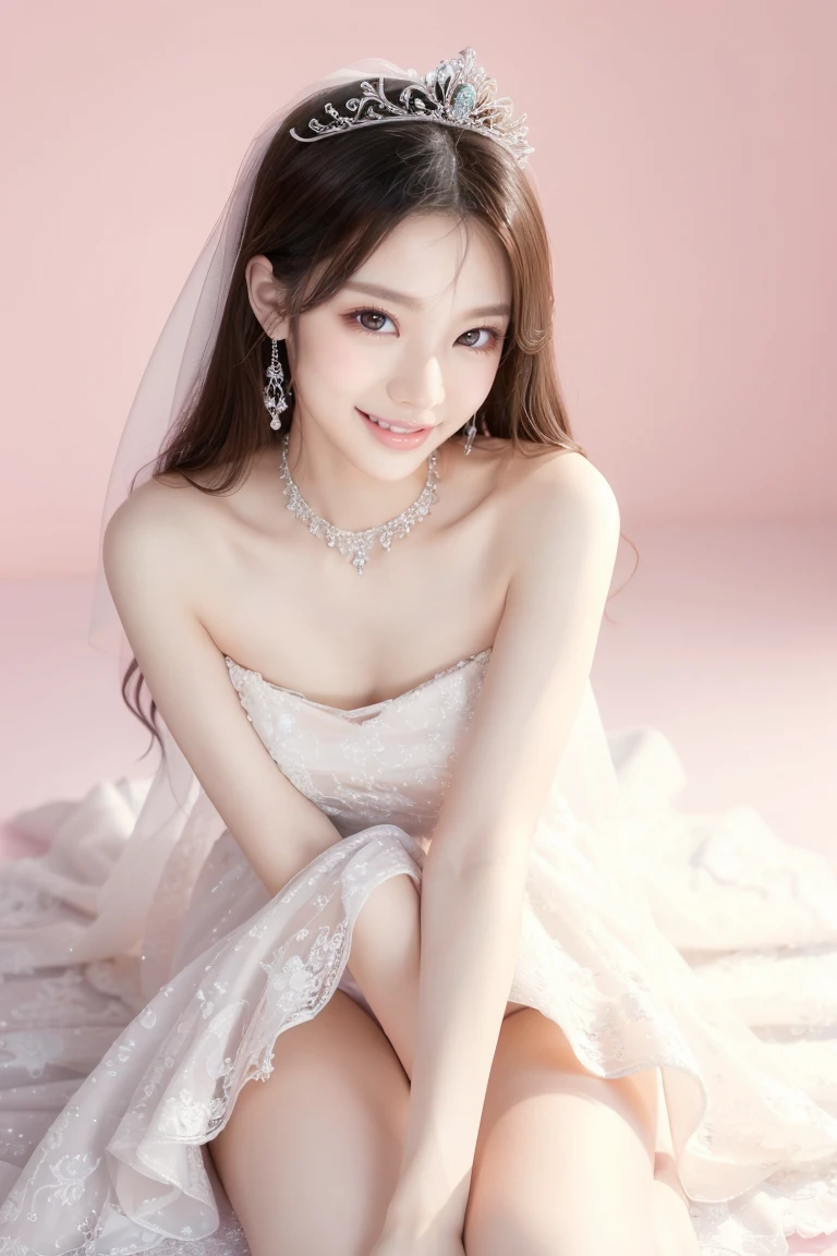 (Highest quality、Tabletop、8K、Best image quality、Award-winning works)、One beautiful bride、(alone:1.1)、(The most extravagant and gorgeous huge pure white wedding dress:1.1)、(Perfect Wedding Lace:1.2)、(The most gorgeous and luxurious giant tiara:1.1)、(The most extravagant and luxurious giant necklace:1.1)、あなたの最高の笑顔で私をplease look、The finest jewellery decoration、Perfect Makeup、Long eyelashes、Ultra HD Shining Eyes、Ultra HD Hair、Ultra-high resolution glossy lips、Ultra High Resolution Perfect Teeth、Super high resolution beautiful face、(Accurate anatomy:1.1)、Very bright and beautiful skin、very bright and vivid、Perfect beautiful bridal hairstyles、(Front facing body:1.1)、(Solid pink background:1.2)、Cleavage、nude、(The 肖像画 was taken from above the lying body: 1.3)、(( M-shaped legs spread, please look )))), (Show me your legs spread wide: 1.5), Real nipples, real open, (女性のマンコ汁がカメラにsquirtしている:1.2), Beautiful 20 year old Japanese girl, Stimulating the clitoris, masturbating and fingering, orgasm, Detailed facial features,(Front view), (squirt from pussy:1.2), (squirt:1.2)