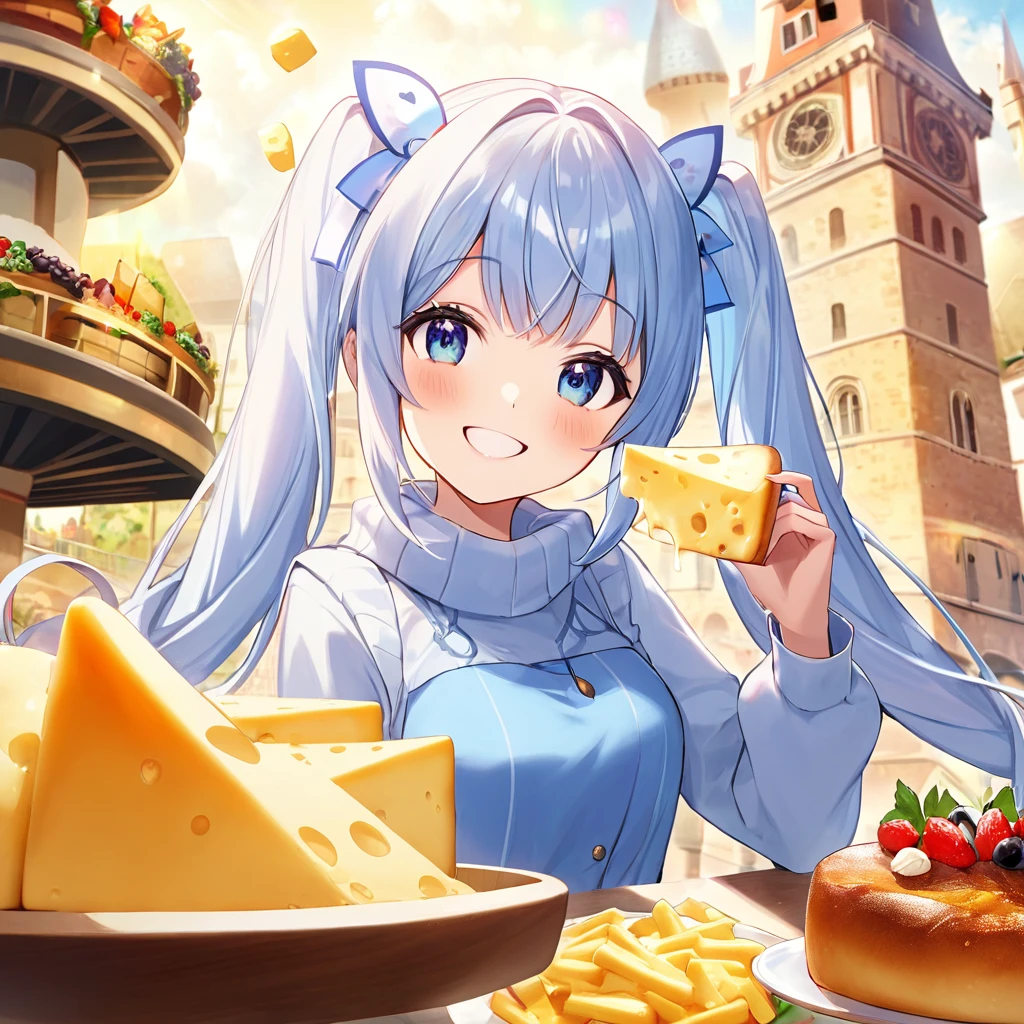 Light blue long hair、Beautiful girl with twin tails、Enjoying a large cheese fondue tower、Bright smile