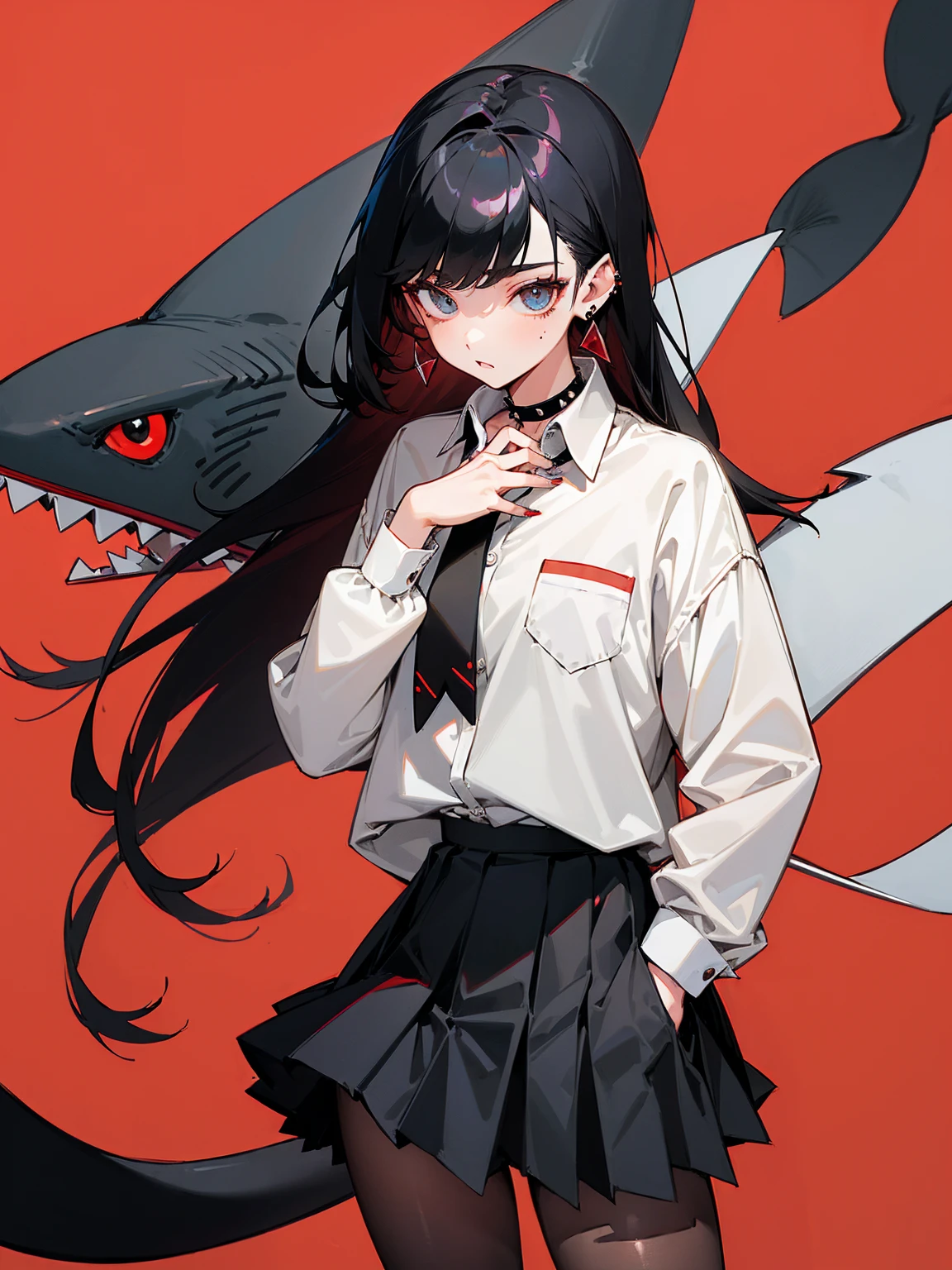 ((Long Straight Black hair)), Perfect face, Choker, Punk earrings, ((Tall)), ((High Quality)), Necklace, ((Mature)), Pretty Eyes, Sharp Nails, Bangs, ((1 Girl)), ((Multiple Earrings)), 1 girl, Spiky Earrings, Adult, Spiked Collar, Thin Eyelashes, Plain Background, Red Colors in Background, Shark Girl, Long Tail, Large Tail, Massive Tail, Shark Tail, ((Black Pleated Skirt With White Lines)), ((White Buttoned Shirt)), Close Up, Very Short Mini Skirt, Tall, Long Legs, Dynamic Pose, Black Tail, 2 moles under left eye, Wide Hips, Pantyhose, Thick Thighs, Vibrant Colors, Spreading Legs, Lewd, ((Muscular Legs)), NSFW, Naked, Nipples, Vagina,