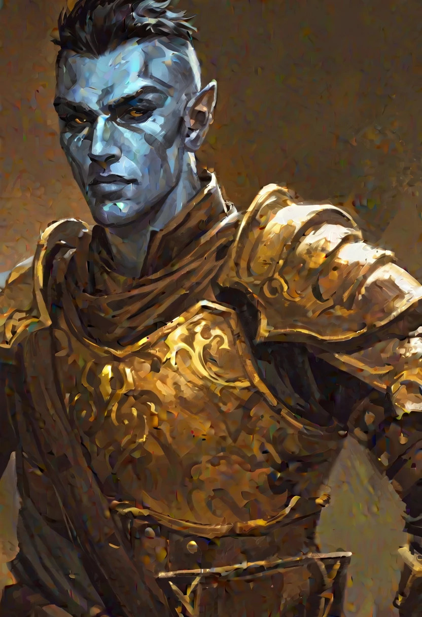 digitalpainting, pictorial \(styled\), male from the Elder Scrolls series, trunk, portraite, short dark hair, gold eyes, light blue skin, brown leather armor, without shoulder pad, Dynamic shading, expressive brushstrokes, oil on canvas, extremely detaild, light and dark colors