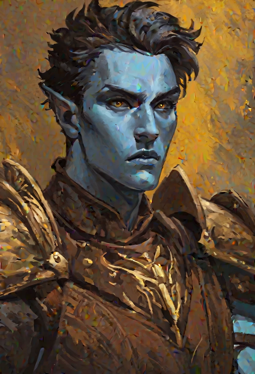 digitalpainting, pictorial \(styled\), male from the Elder Scrolls series, trunk, portraite, short dark hair, gold eyes, light blue skin, brown leather armor, without shoulder pad, Dynamic shading, expressive brushstrokes, oil on canvas, extremely detaild, light and dark colors