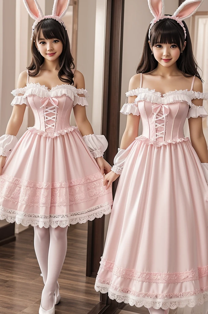 The outfit in the image is a costume inspired by a bunny. It consists of the following:
- **pink dress** with white lace details on the bottom edge and on the top. The dress has a corset design on the bust and has two white pom poms on the front.
- **rabbit ears** pink and white ones held on the head.
- **long gloves** roses to match the dress, with white lace details at the ends.
- **high stockings** white with lace details on the top.
The complete set has a kawaii or cute style, typical in costumes of tender and adorable characters.