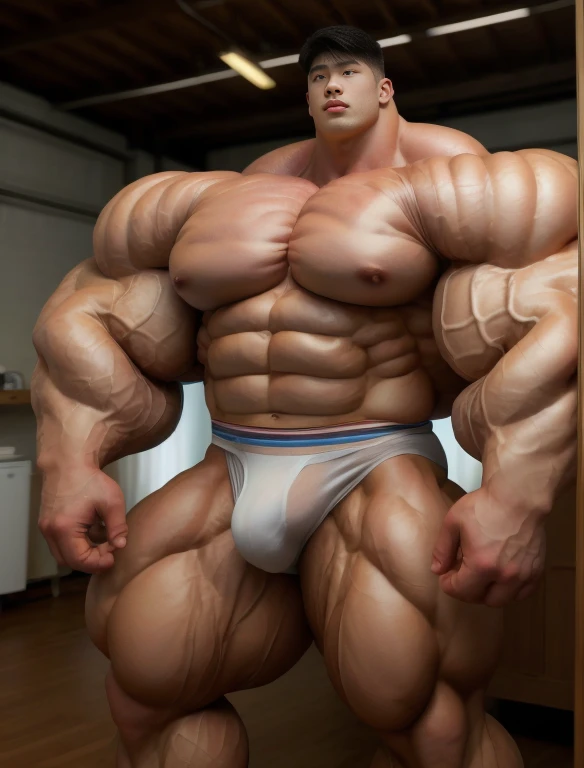 1 asian boy, giant, alone, giant bodybuilder, illuminating light, strong body, bulk, large size, staring, standing in white photo studio, indoor, nude, white triangular underwear, thick bulge, extraordinary big, brutalmass, giant muscular body, bulk, buff, massive body, large meaty body size, extremely wide body