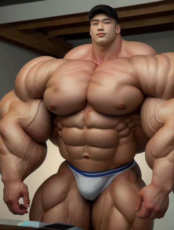 1 asian boy, giant, alone, giant bodybuilder, illuminating light, strong body, bulk, large size, staring, standing in white photo studio, indoor, nude, white triangular underwear, thick bulge, extraordinary big, brutalmass, giant muscular body, bulk, buff, massive body, large meaty body size, extremely wide body