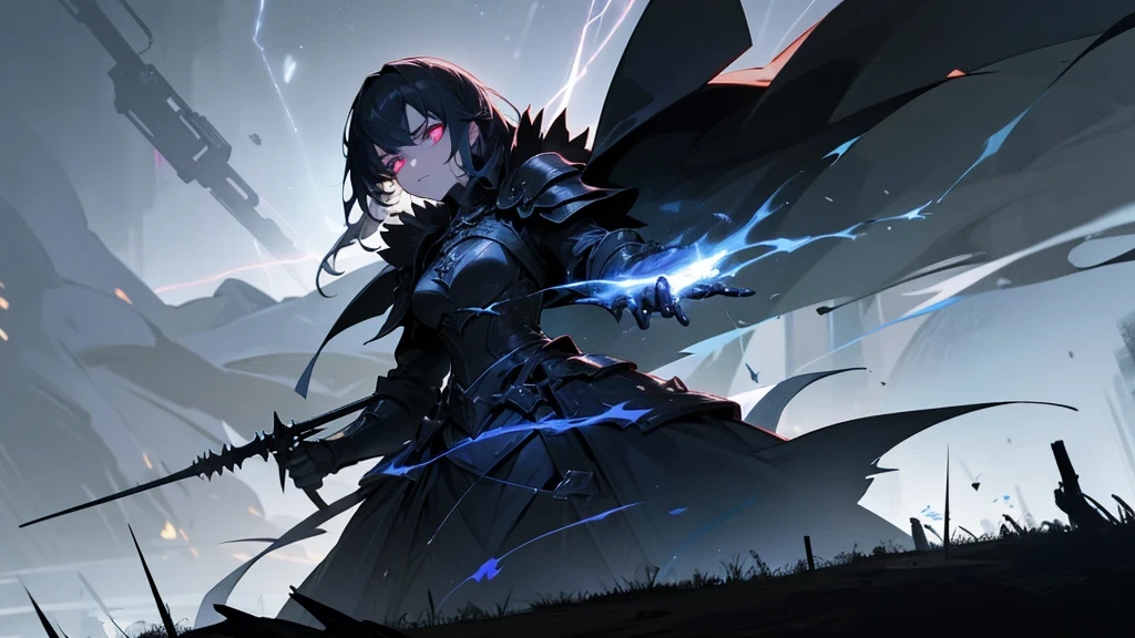 woman, A warrior in dark clothes, gothic armor, with glowing eyes and dark powers emanating from his hands. The background is a night scene with dark clouds and lightning.