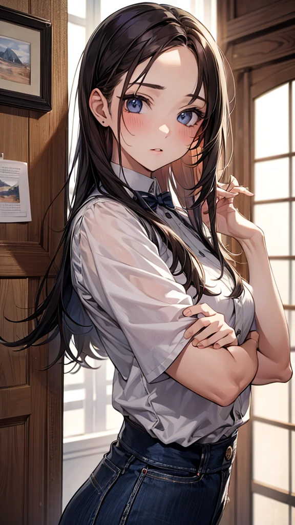 ((masterpiece, best quality)), (1 girl), (alone), (Women's Focus), (Ahog, white hair, Very long hair), Golden Eyes, A clear smile, open mouth, ((White shirt), (Button-down shirts), (gap button)), ((Black skirt), (Short skirt)), Permanent, White background, Put your arms behind your back, Dynamic angle