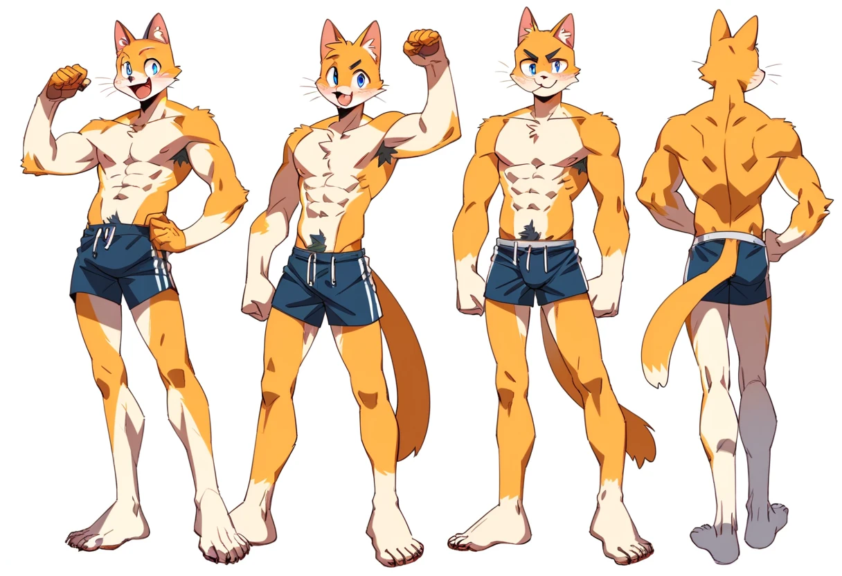 score_9, score_8_up, score_7_up, male, furry, full body, high quality, hires, anthro, teenager, 16 years old, domestic cat, yellow fur, blue eyes, handsome, excited expression, humanoid feet, shirtless, slim body, slender body, prominent v-line, prominent abs, prominent legs, prominent forearms, prominent knees, white background, treasure trail, armpit hair, furry legs, bulge, in various poses, dick, showing off his abs