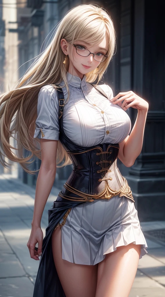 8k, mesa, Photo and gross, Best Quality, photorealistic, highly detailed CG Unity 8k wallpaper, Depth of fields, cinematic light, Lens flare, ray tracing, (extremely beautiful face, Beautiful lips, pretty eyes), face with intricate details, ((ultra detailed skin)) 1 girl en, In the dark, deep shadow, Pretty Korean girl, kpop idol, 1 girl, (very thin and slender fit muscular body:1.3), ((looking at the viewer)),(big smile:1.3), (blurred background),(There are no people in the background:1.3), Beautiful earrings, wifes, light eyes, walking, (Pale skin), (large eyes), look forward, (golden bristles), (full body shot), , ((Blue High Waist Skirt)), , (looking at the viewer:1.3) open chest, very thin,huge breasts, ass strength, Before eyebrows, thick thighs((White shirt:1.3)), (crossed,under bust:1.2), short sleeves, button gap,frameless glasses,corset belt, beautiful hair,a blonde,huge tits,Golden hair,huge breasts,
