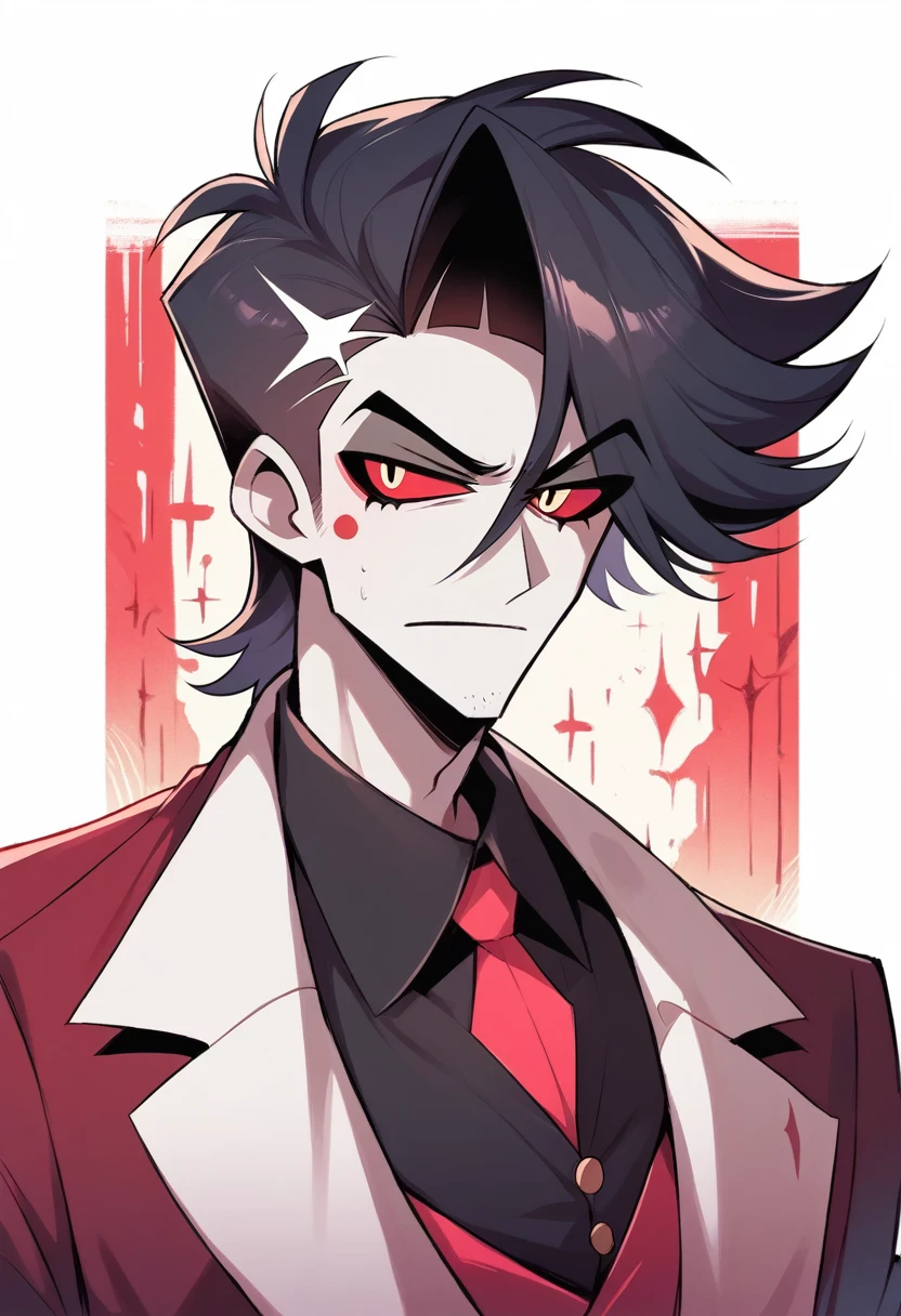 (masterpiece), best quality, expressive eyes, perfect face ,male focus, 1boy, solo, black hair, tall, slacks, collars shirt, waistcoat, Mark of Cain, Ruby eyes, stubble, furrowed brow, greying hair, Hazbin Hotel, Helluva Boss, Vivzipop style, Cain as a Sinner, fullbody
